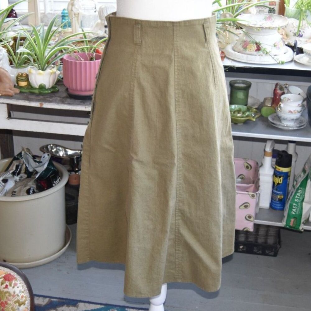 Vintage 90s St Michael Olive Linen Cotton A-Line Button Skirt UK 12 US 8
